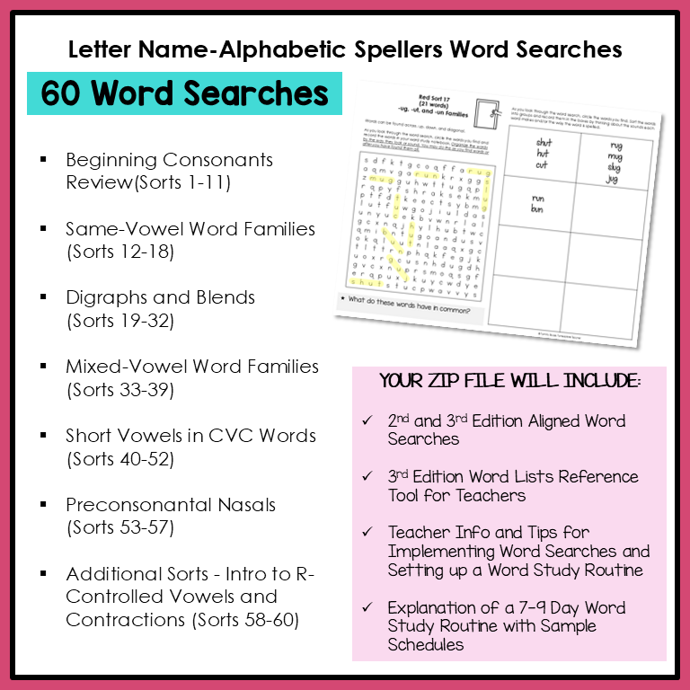 Example of letter name-alphabetic spellers word searches with a sample word search sheet.