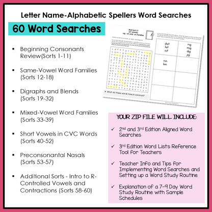 Example of letter name-alphabetic spellers word searches with a sample word search sheet.