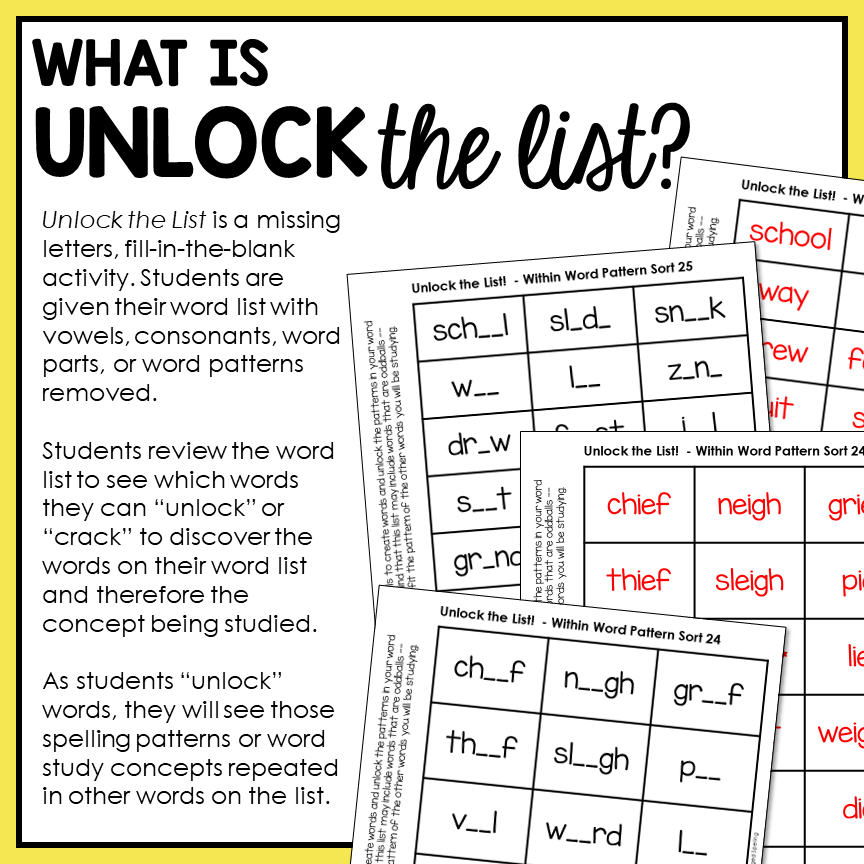 Educational materials for 'Unlock the List' spelling activity within word pattern sheets.