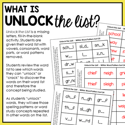Educational materials for 'Unlock the List' spelling activity within word pattern sheets.