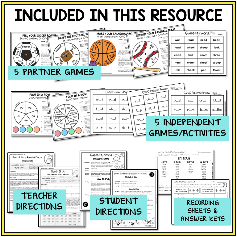Educational materials with partner and independent games, teacher and student directions, and recording sheets.