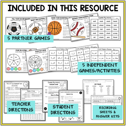Educational materials with partner and independent games, teacher and student directions, and recording sheets.