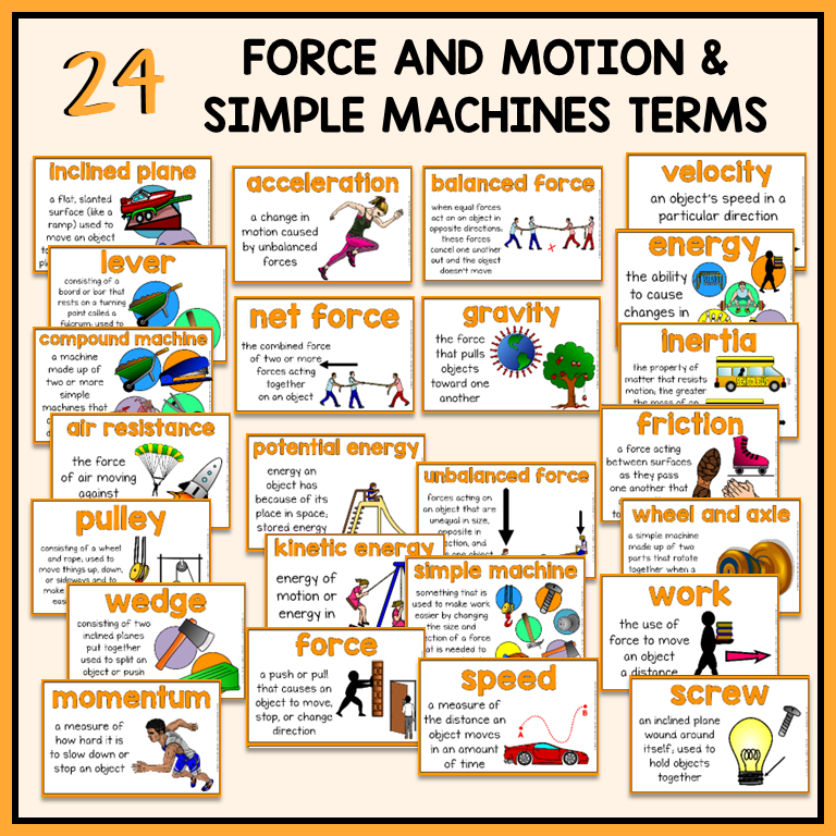 24 force and motion terms with definitions and illustrations included for science word wall or bulletin board