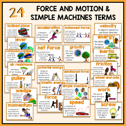 24 force and motion terms with definitions and illustrations included for science word wall or bulletin board