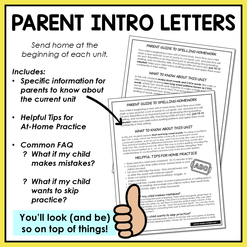 Parent introduction letters included for each new spelling unit students will be working on