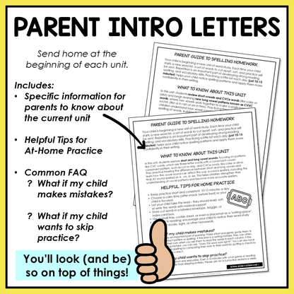 Parent introduction letters included for each new spelling unit students will be working on