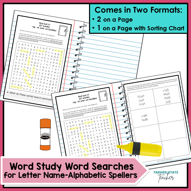 Word study word searches for letter name-alphabetic spellers that come in two formats for easy of use.