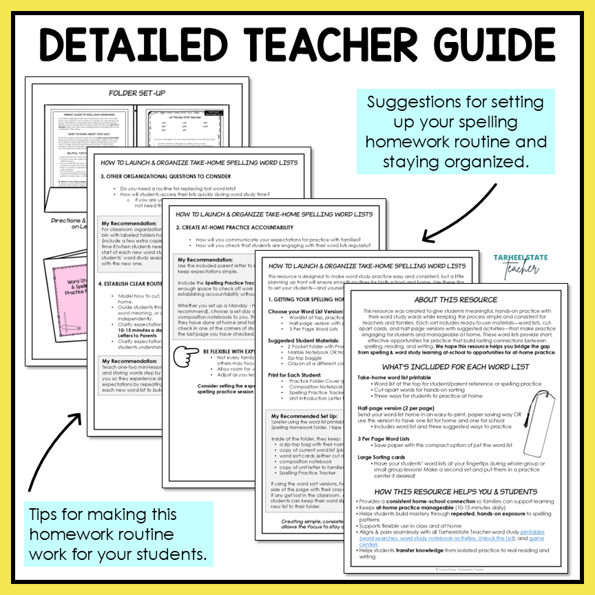 Detailed teacher guide with suggestions for setting up a spelling homework routine 