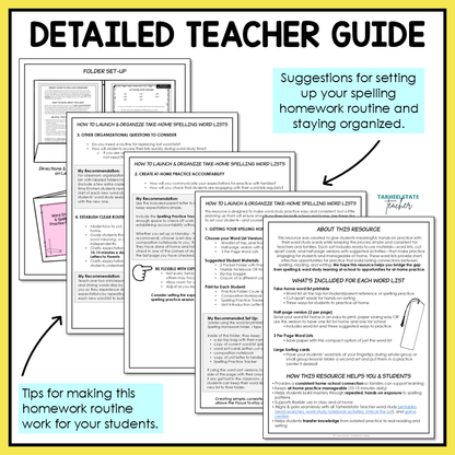 Detailed teacher guide with suggestions for setting up a spelling homework routine 