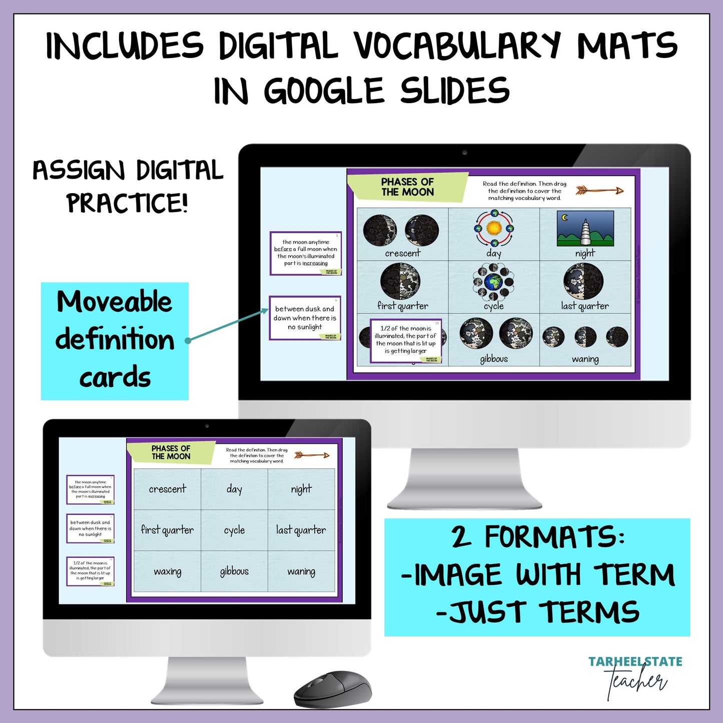 Digital vocabulary mats with Google Slides on a computer screen, featuring text about assign digital practice and movable definition cards.
