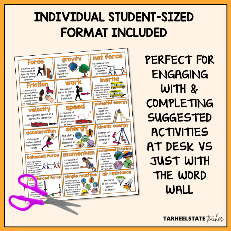 Force and Motion Vocabulary Activities Mats, Study Slips, & Quizzes with Word Wall Bundle