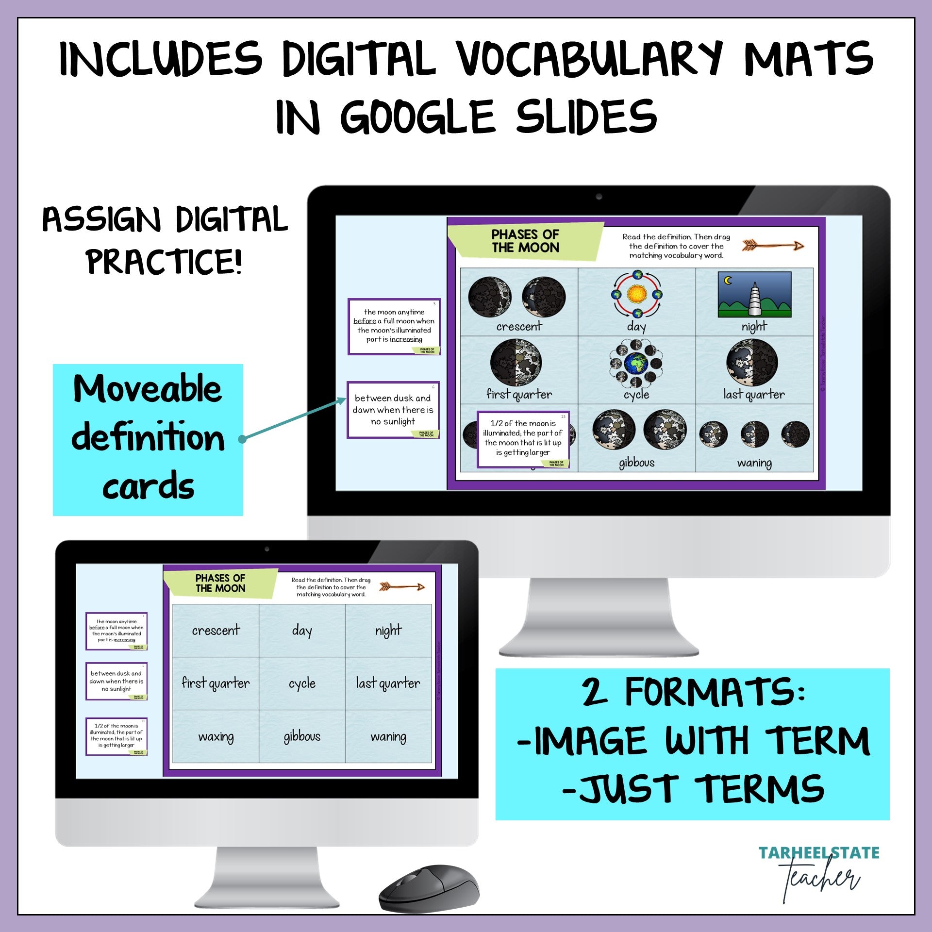 Digital vocabulary mats with Google Slides on a computer screen, featuring text about assign digital practice and movable definition cards.