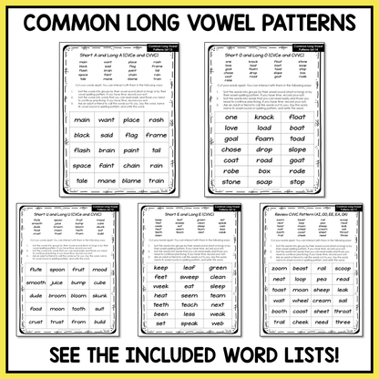 Long Vowel Patterns CVVC and CVCe Words Within Word Pattern Activity Printable