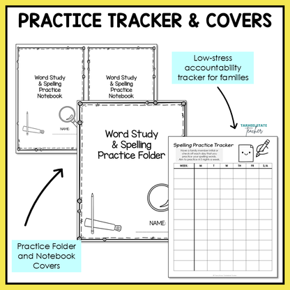 Practice spelling tracker and covers for spelling homework routine