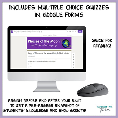 Moon phases resource includes multiple choice quizzes in Google Forms to make grading easier