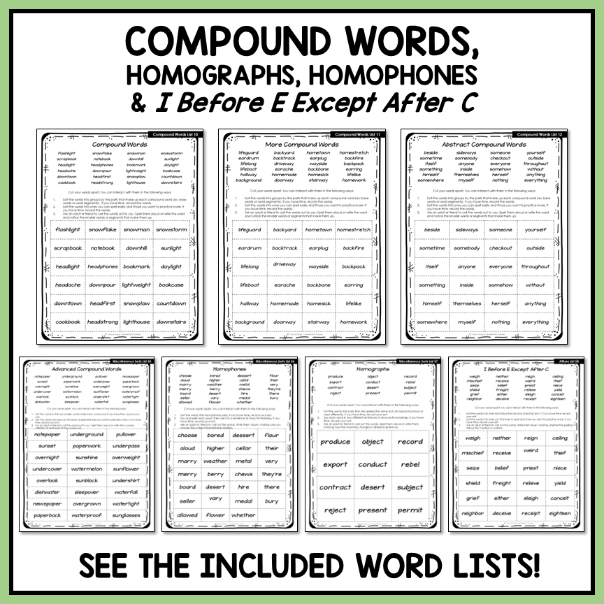 Compound Words, Homophones and Homographs Syllables Affixes Activity Printable
