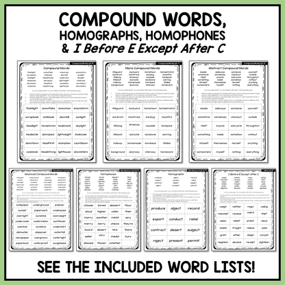 Compound Words, Homophones and Homographs Syllables Affixes Activity Printable