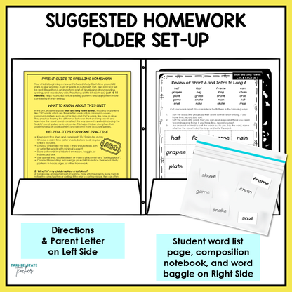 Homework folder set-up with sections for directions, parent letter, student word list, composition notebook, and word baggie.