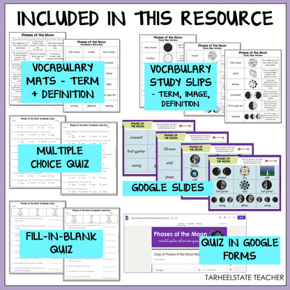 Educational resources including vocabulary mats, study slips, multiple choice quiz, Google Slides, fill-in-blank quiz, and quiz in Google Forms 