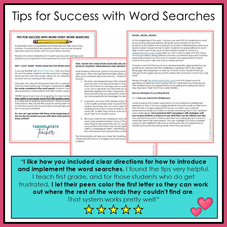 Included tips for success with word searches in the Letter Name-Alphabetic stage.