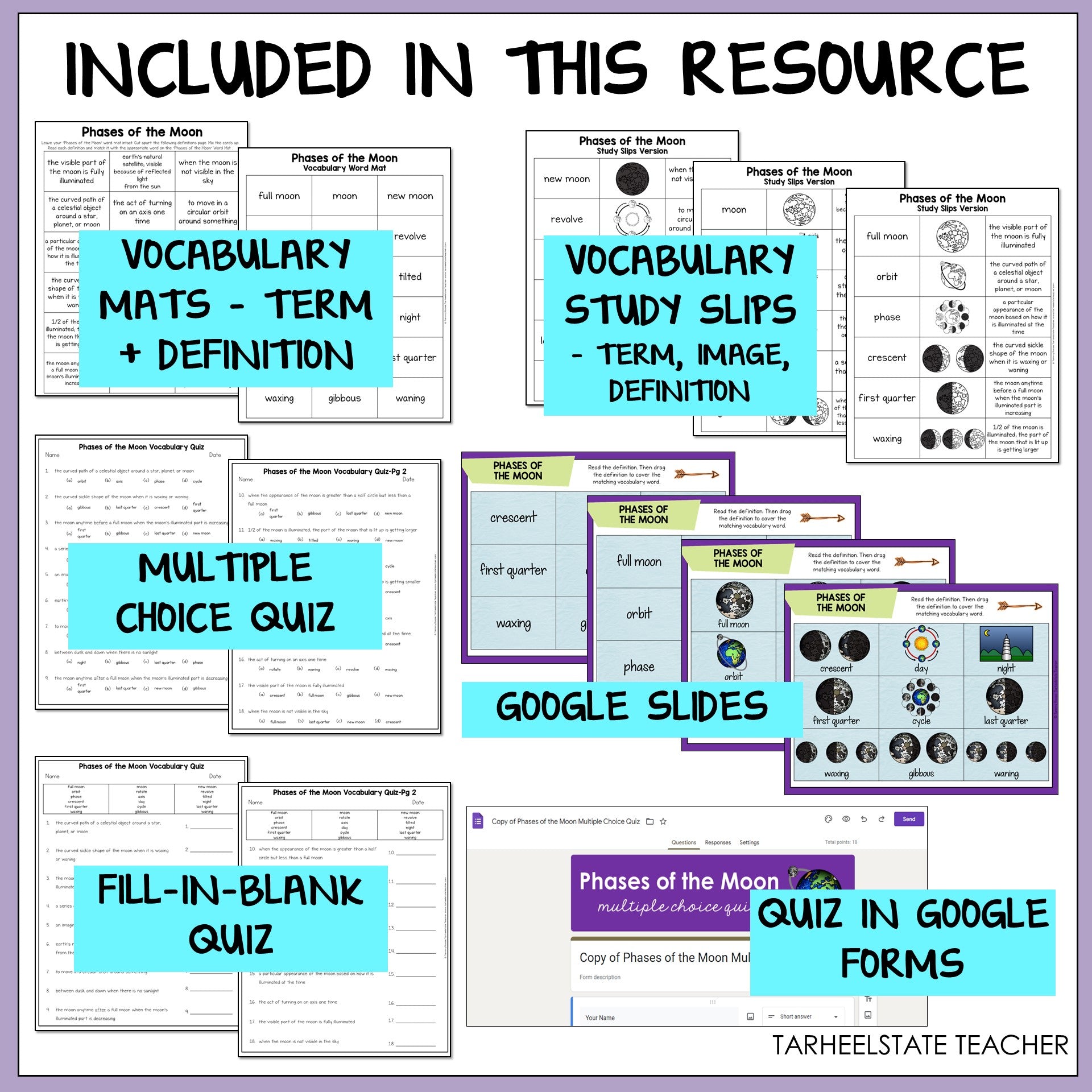 Educational resources including vocabulary mats, study slips, multiple choice quiz, Google Slides, fill-in-blank quiz, and quiz in Google Forms 