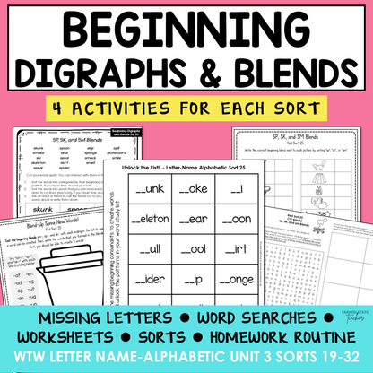 Digraphs and Initial Consonant Blends Activities SH CH TH Letter Name Printable