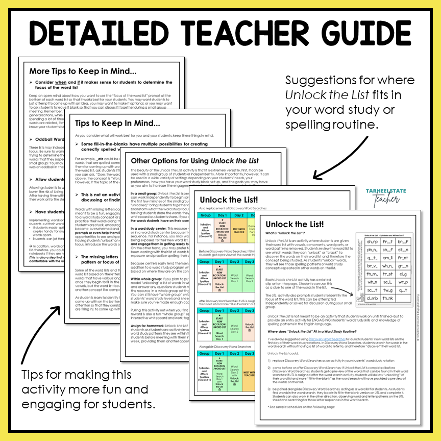 unlock the list activity Detailed Teacher Guide with sections on word study and spelling routines