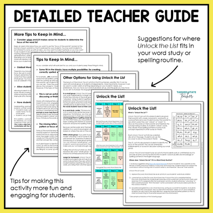 unlock the list activity Detailed Teacher Guide with sections on word study and spelling routines