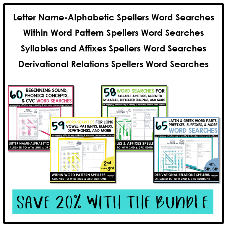 Collection of spelling word search products aligned to all word lists in Words Their Way