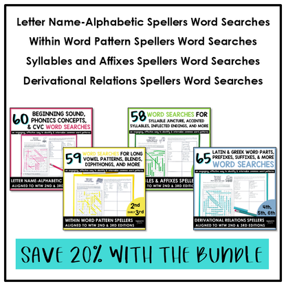 Collection of spelling word search products aligned to all word lists in Words Their Way