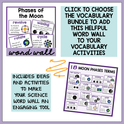Moon phases vocabulary bundle with word wall and educational materials.