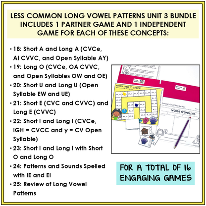 Educational materials for teaching long vowel patterns with games and activities.
