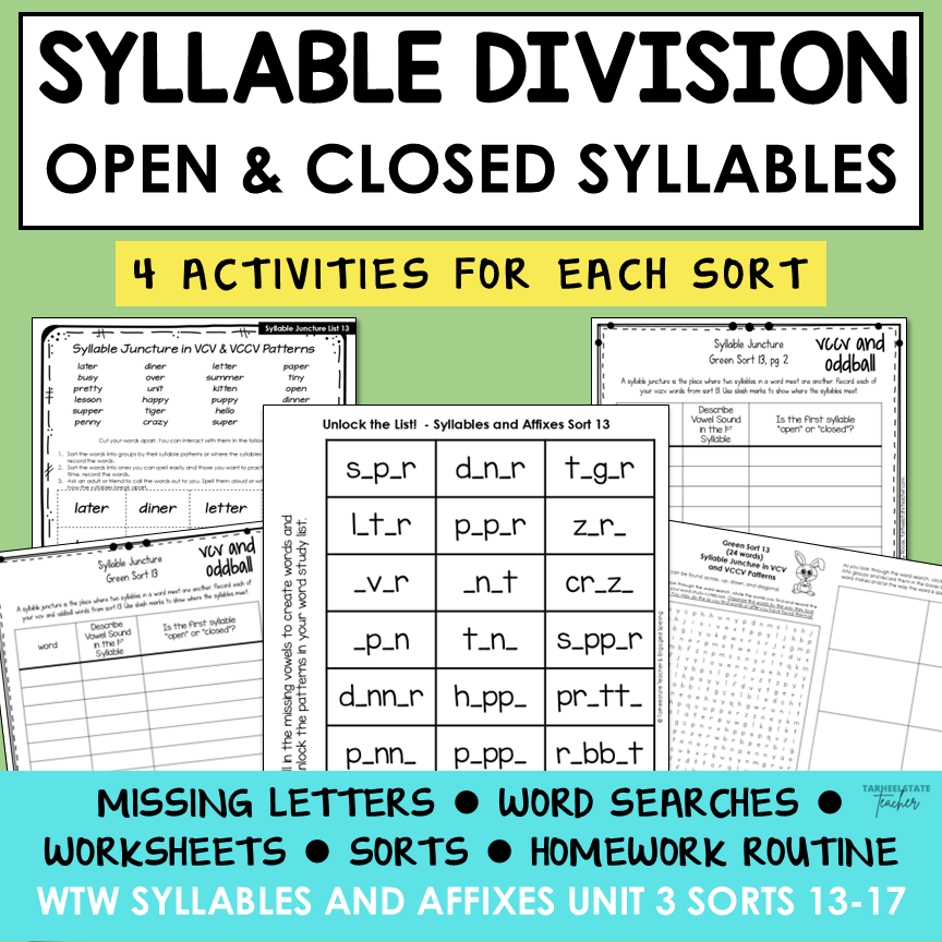 Syllable Division VCV VCCV Open and Closed Syllables Affixes Activity Printable
