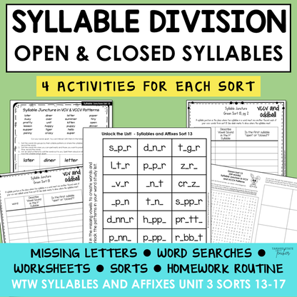 Syllable Division VCV VCCV Open and Closed Syllables Affixes Activity Printable