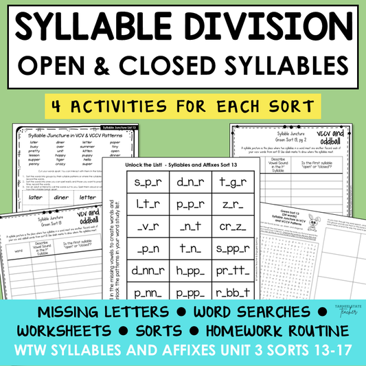 Syllable Division VCV VCCV Open and Closed Syllables Affixes Activity Printable