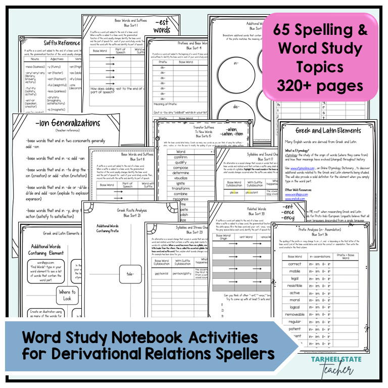Collection of word study activities and resources with a focus on derivational relations spellers.