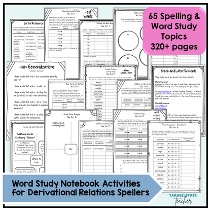Collection of word study activities and resources with a focus on derivational relations spellers.