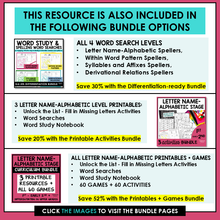 Letter Name-Alphabetic Stage Activities Words Their Way Word Search | Phonics Wordsearch 1st 2nd Grade Spelling Activities