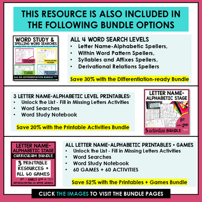 Letter Name-Alphabetic Stage Activities Words Their Way Word Search | Phonics Wordsearch 1st 2nd Grade Spelling Activities