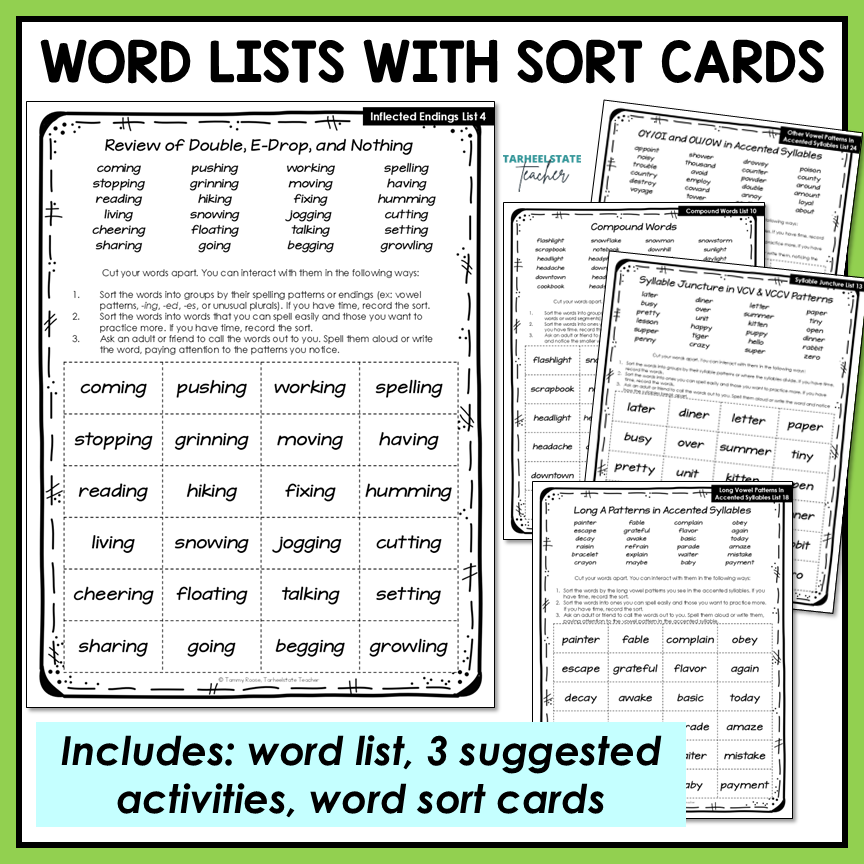 Word lists with sort cards for at home use