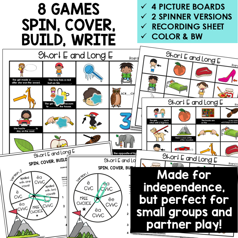 Educational game set for teaching short E and long E sounds with picture boards, spinner versions, and recording sheet.