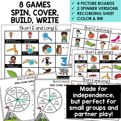 Educational game set for teaching short E and long E sounds with picture boards, spinner versions, and recording sheet.