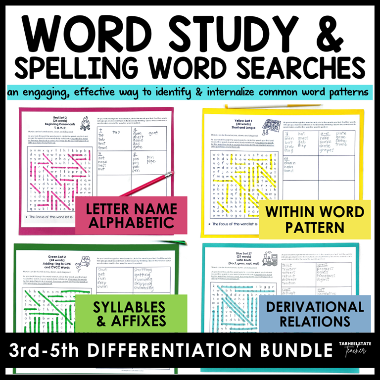 Spelling word search bundle for easy differentiation with Words Their Way spelling lists