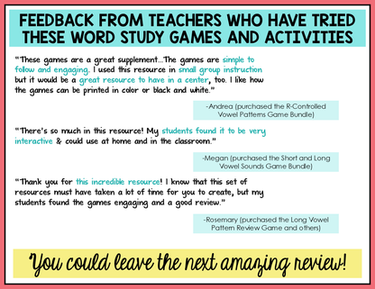 Feedback from teachers on word study games and activities