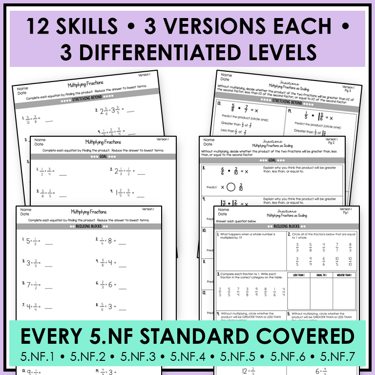 5th Grade Fractions 5.NF ALL Standards Adding Subtracting Multiplying Dividing Fractions