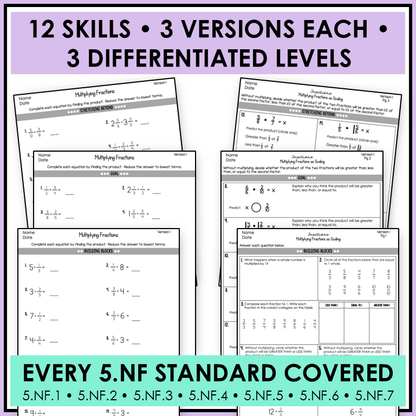5th Grade Fractions 5.NF ALL Standards Adding Subtracting Multiplying Dividing Fractions