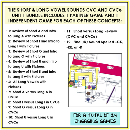 Educational materials for short and long vowel sounds with games and activities.