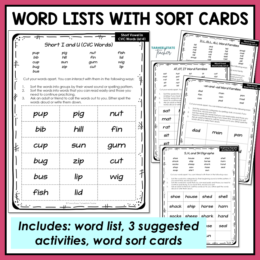 Sheet of word lists with sort cards for educational use for 1st and 2nd grade spellers. Aligned to the Letter Name-Alphabetic stage in Words Their Way.