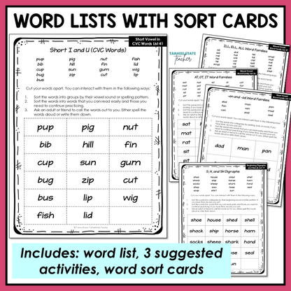 Sheet of word lists with sort cards for educational use for 1st and 2nd grade spellers. Aligned to the Letter Name-Alphabetic stage in Words Their Way.