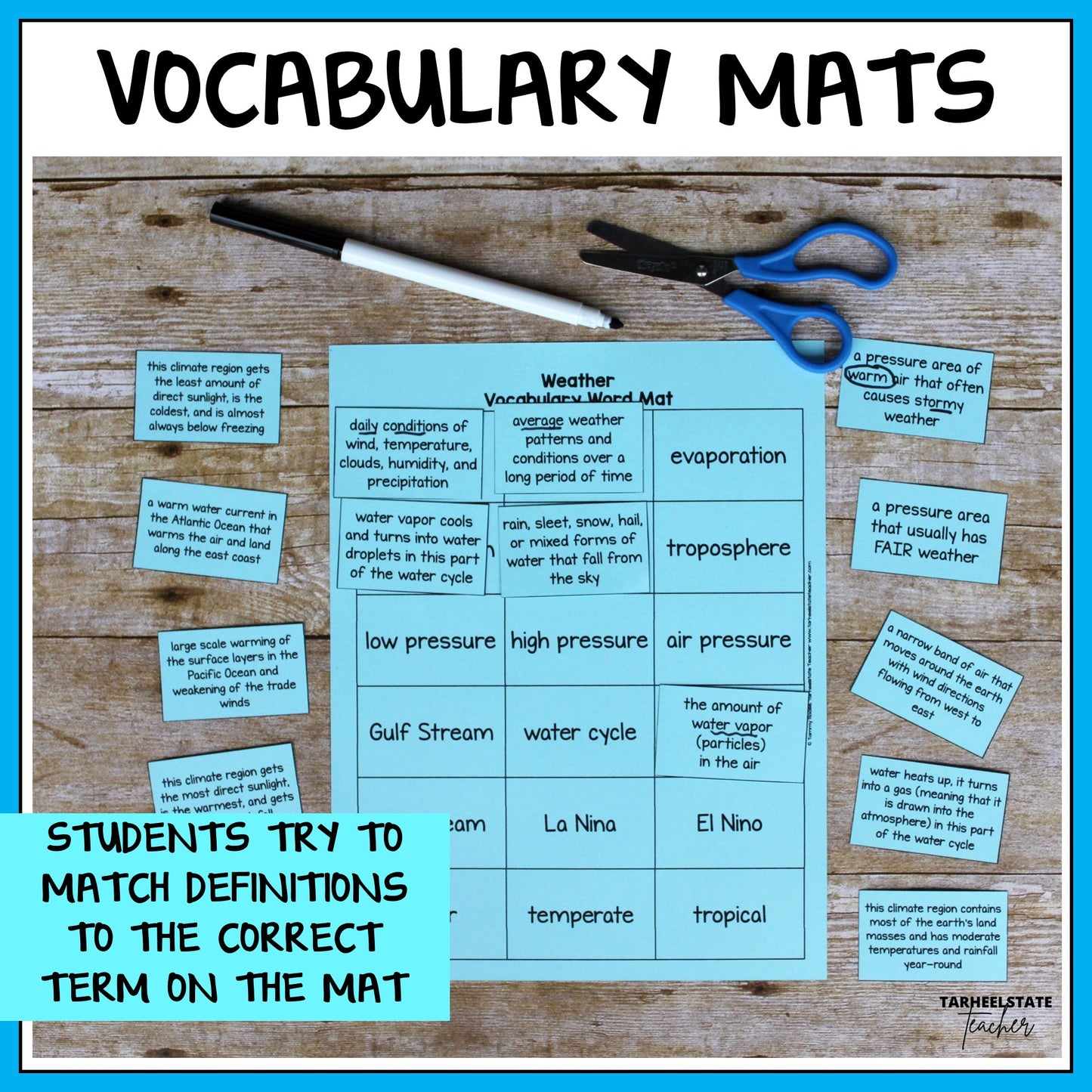 Vocabulary mats for weather and climate with definitions and terms